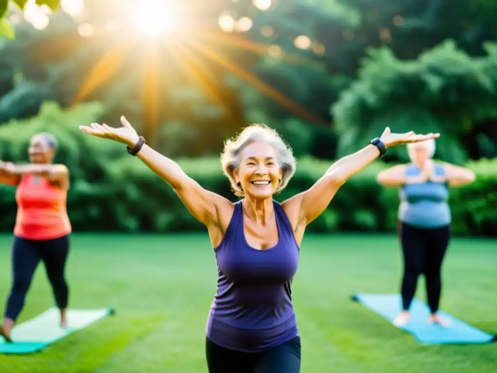 Un grupo de adultos mayores participa en una clase de fitness al aire libre, rodeados de exuberante vegetación