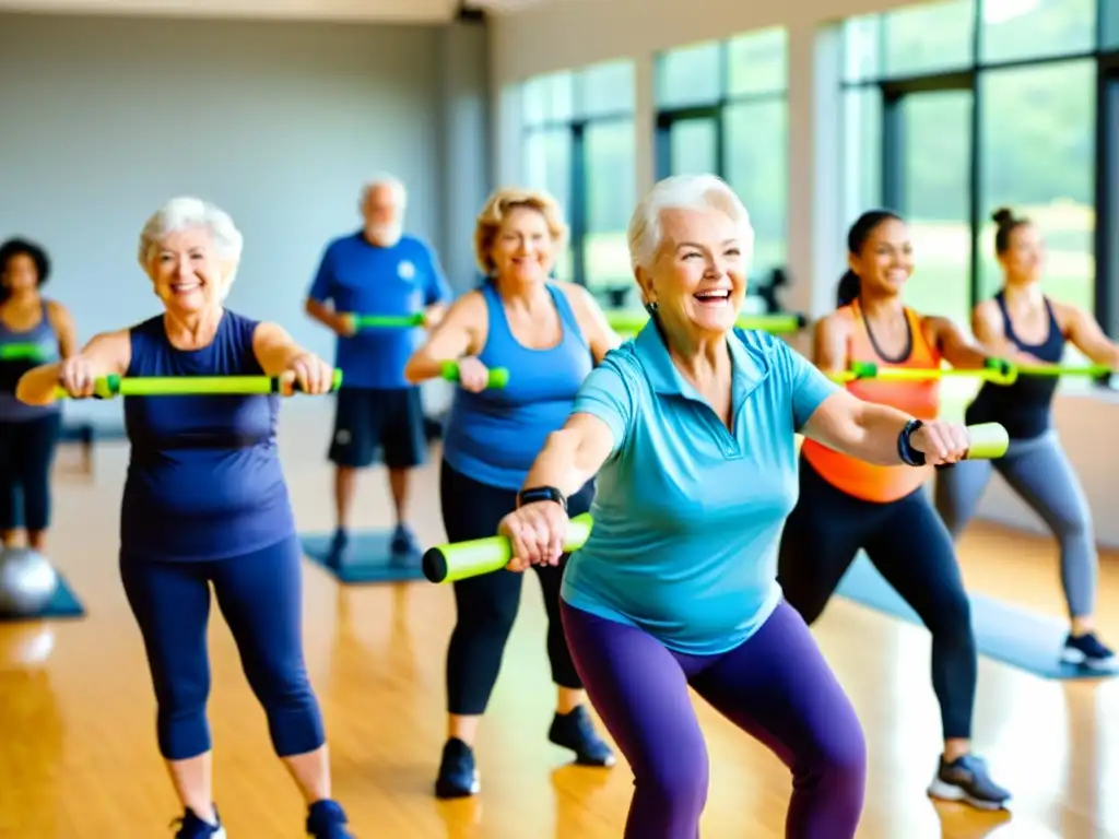 Un grupo de adultos mayores participando en una clase de fitness con resistencia y pesas ligeras