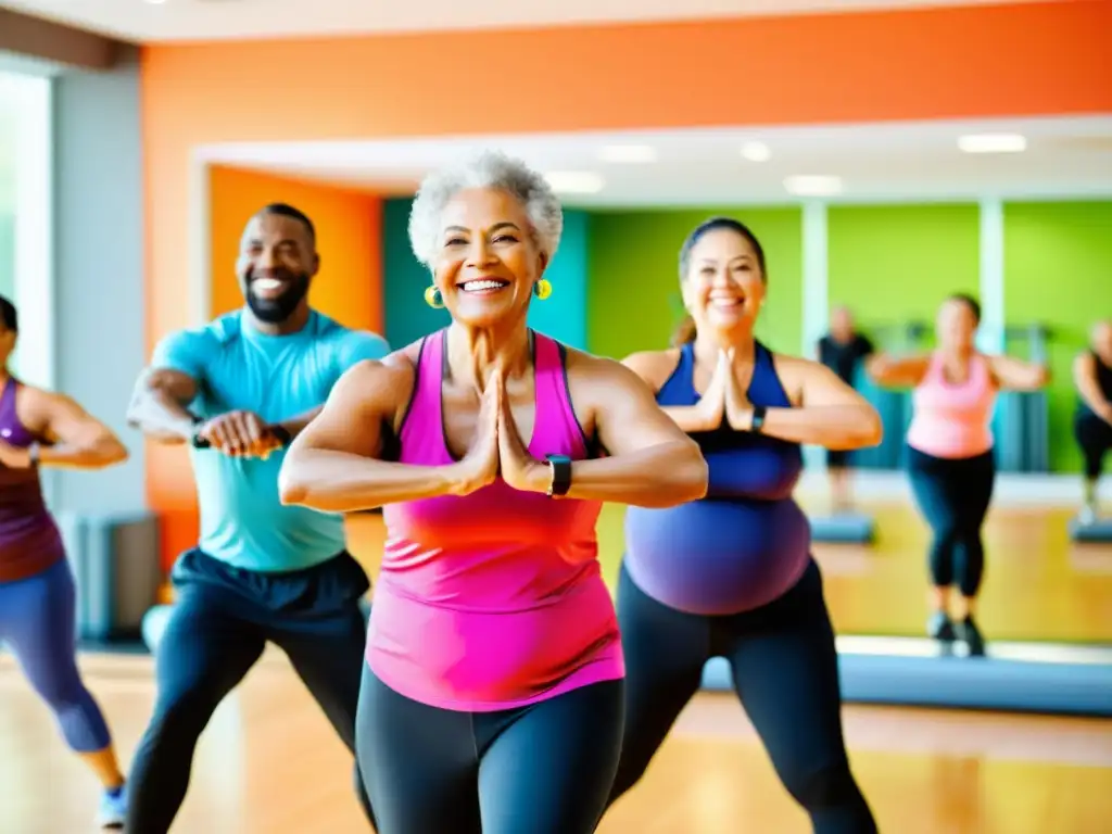 Grupo de adultos mayores realizando ejercicios para fortalecer el sistema inmunológico en un estudio de fitness vibrante y acogedor