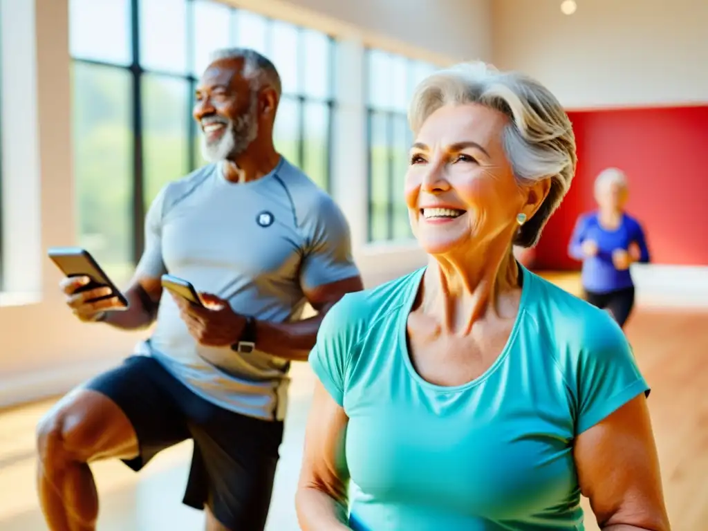 Un grupo de adultos mayores realizando ejercicios en un estudio de fitness luminoso con apps modernas