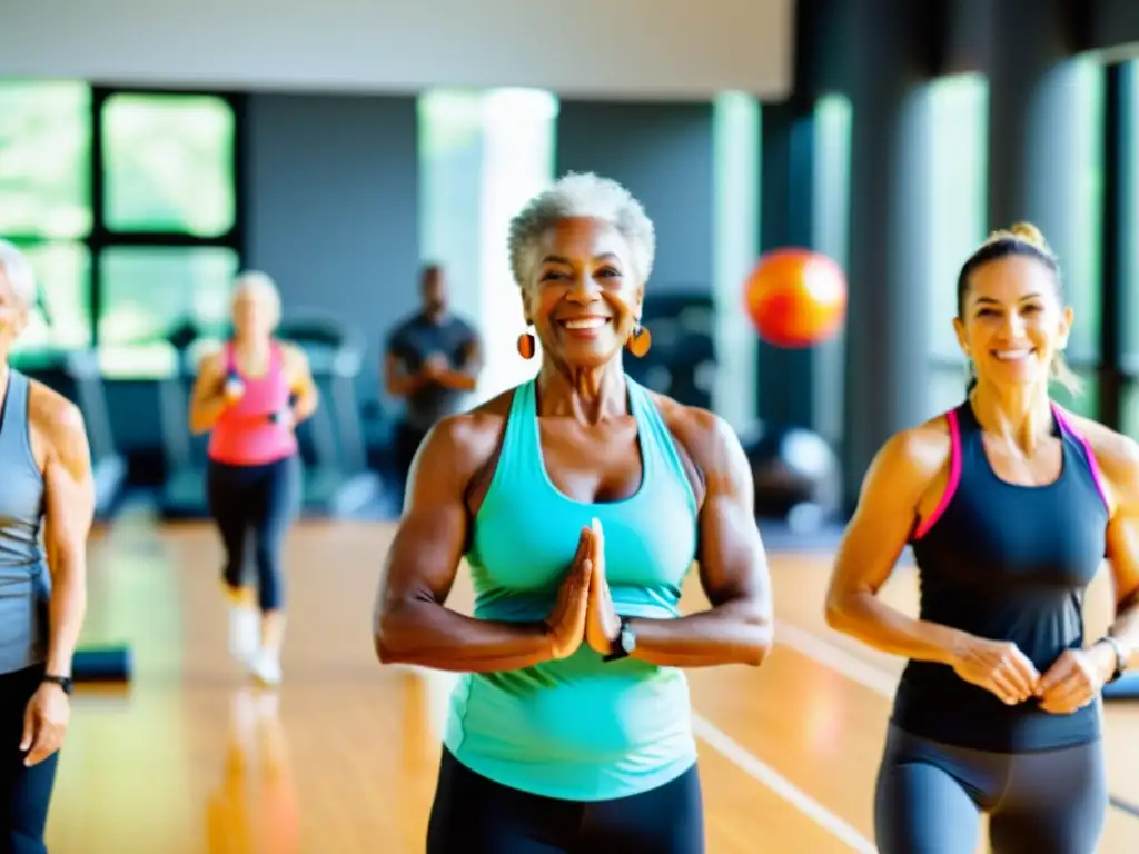 Un grupo de adultos mayores realizando ejercicios para fortalecer el sistema inmunológico en un gimnasio vibrante y luminoso