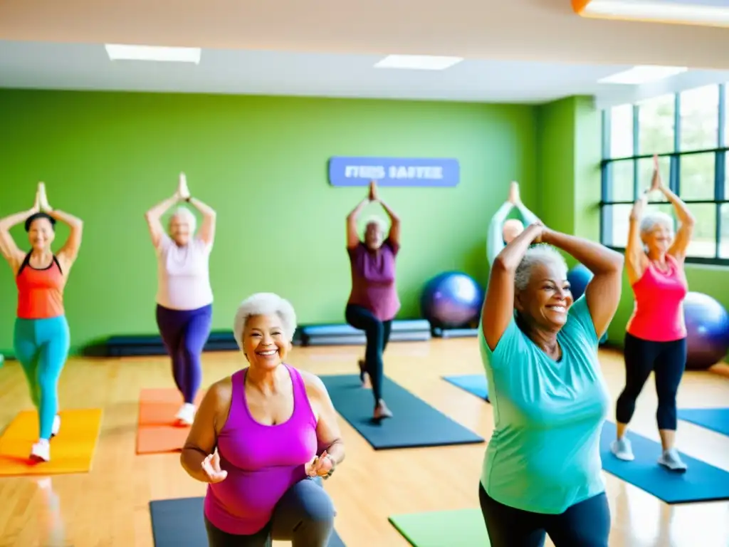 Un grupo de adultos mayores se ejercita en un gimnasio luminoso, irradiando vitalidad y compañerismo