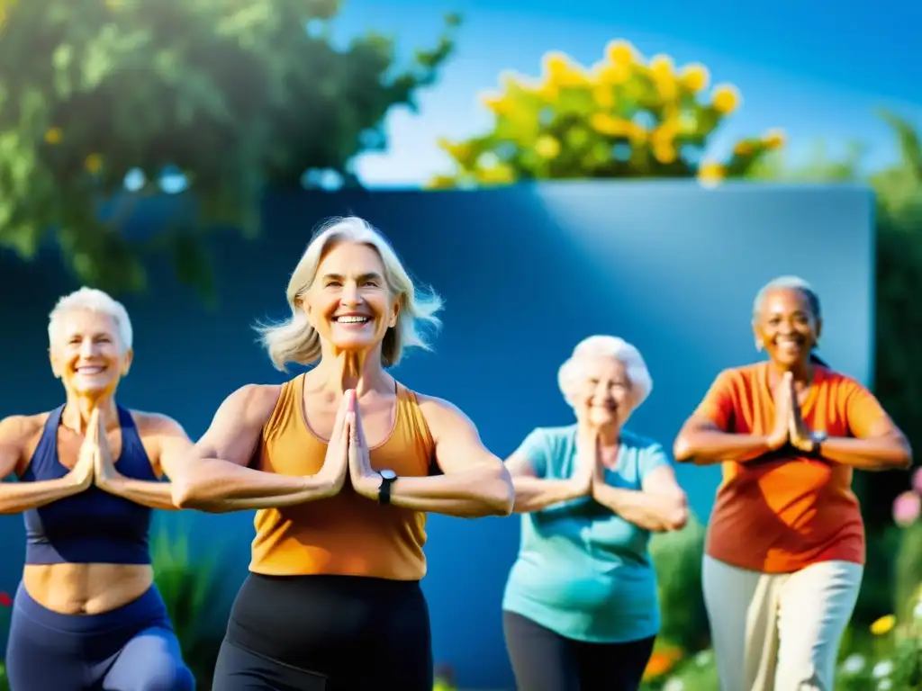 Grupo de adultos mayores sonrientes participando en actividades al aire libre, promoviendo un sistema inmunológico saludable