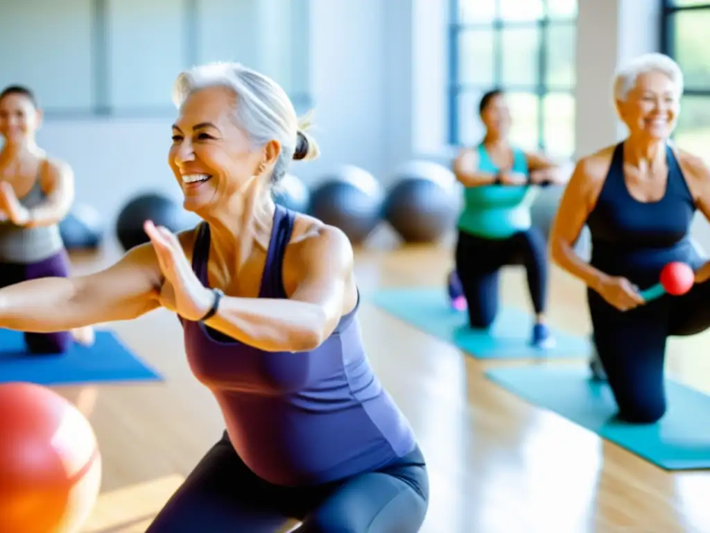 Grupo de adultos mayores sonrientes disfrutando de una clase de ejercicios de bajo impacto en un estudio luminoso, fomentando la salud y la vitalidad