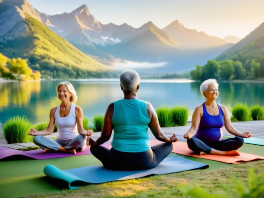 Grupo de adultos mayores practicando yoga al amanecer junto a un lago, transmitiendo vitalidad y bienestar