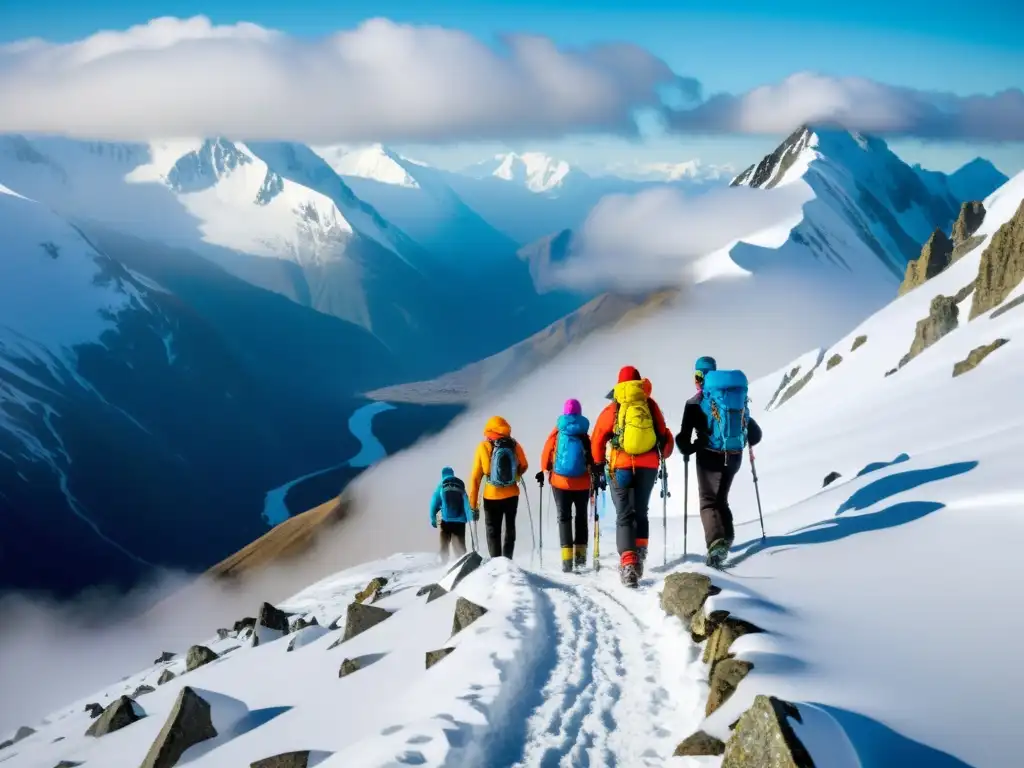 Grupo de alpinistas en altitudes nevadas, desafiantes