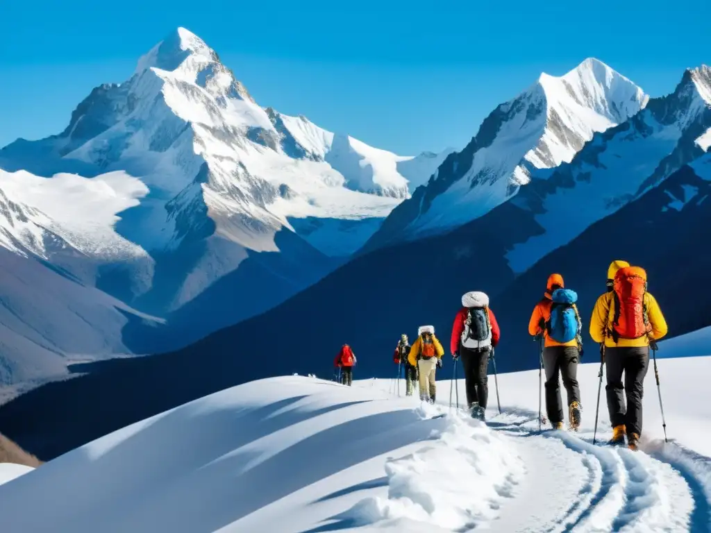 Grupo de alpinistas en ascenso por sendero nevado hacia cumbres, con aliento visible