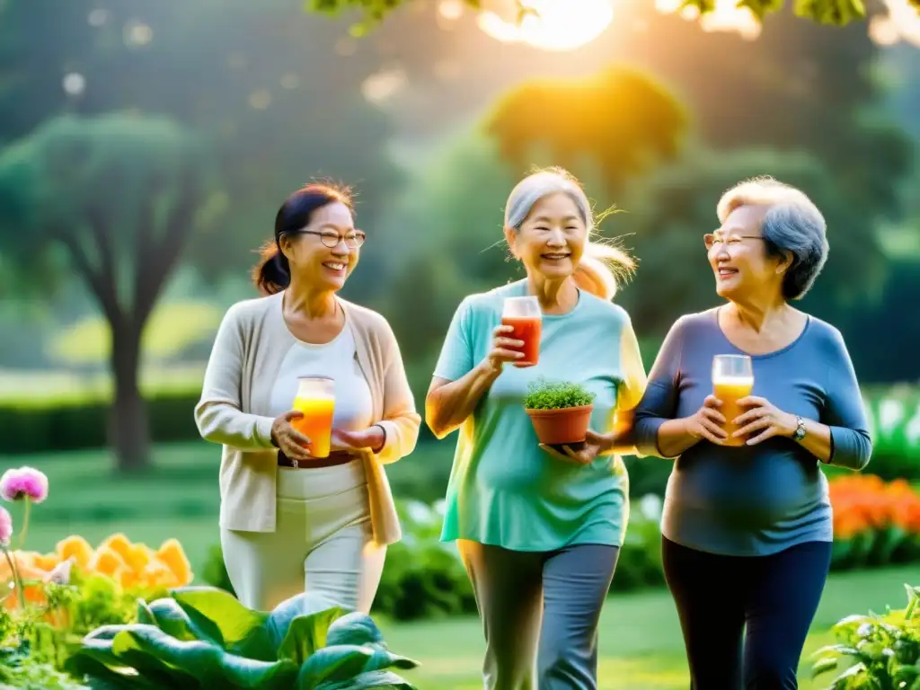 Un grupo de ancianos disfruta de actividades al aire libre junto a alimentos probióticos coloridos y vibrantes