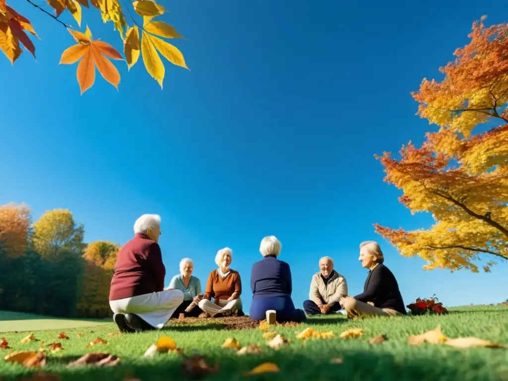 Grupo de ancianos disfrutando de actividades al aire libre en otoño, promoviendo la prevención del cáncer y fortaleciendo el sistema inmunológico