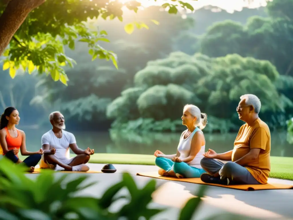 Grupo de ancianos en sesión de meditación guiada al amanecer entre la naturaleza, transmitiendo paz y bienestar