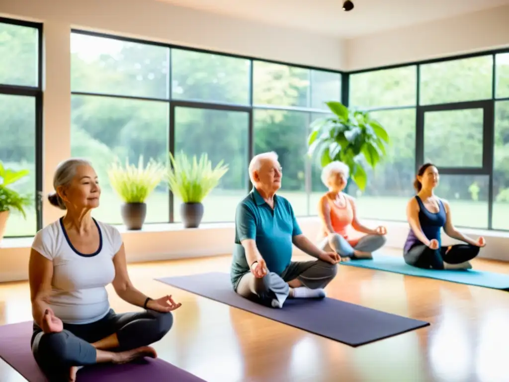 Grupo de ancianos practicando mindfulness y relajación, impacto positivo en inmunidad y estrés