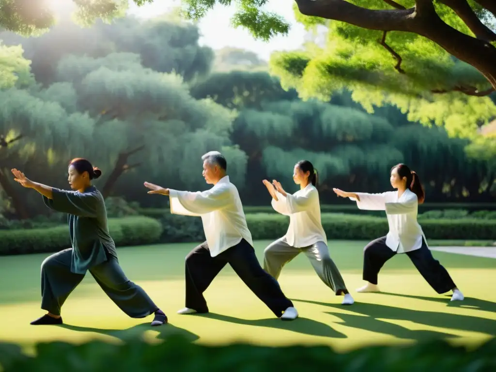 Un grupo de artistas marciales practicando tai chi en un jardín sereno, irradiando fuerza y tranquilidad