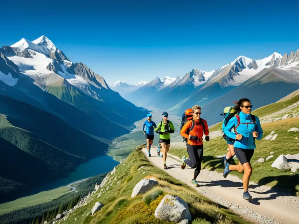 Grupo de atletas corriendo en la montaña, desafiando la altitud