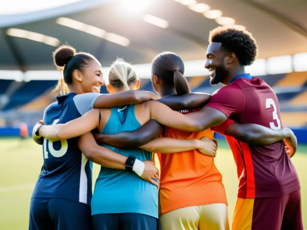 Un grupo de atletas diversos en un campo deportivo vibrante, mostrando camaradería y determinación