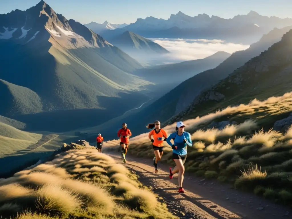 Grupo de atletas en equipo de entrenamiento en altitud, corriendo en la montaña al amanecer