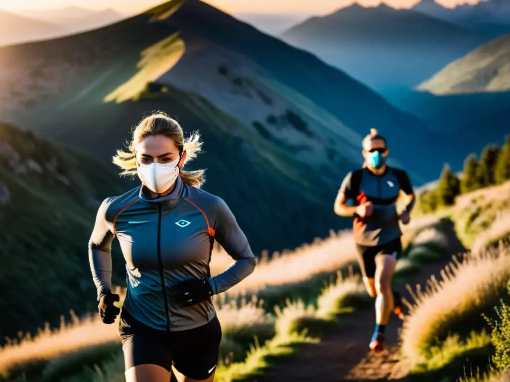 Grupo de atletas corriendo con máscaras de entrenamiento en altitudes, iluminadas por el cálido sol poniente en un sendero de montaña