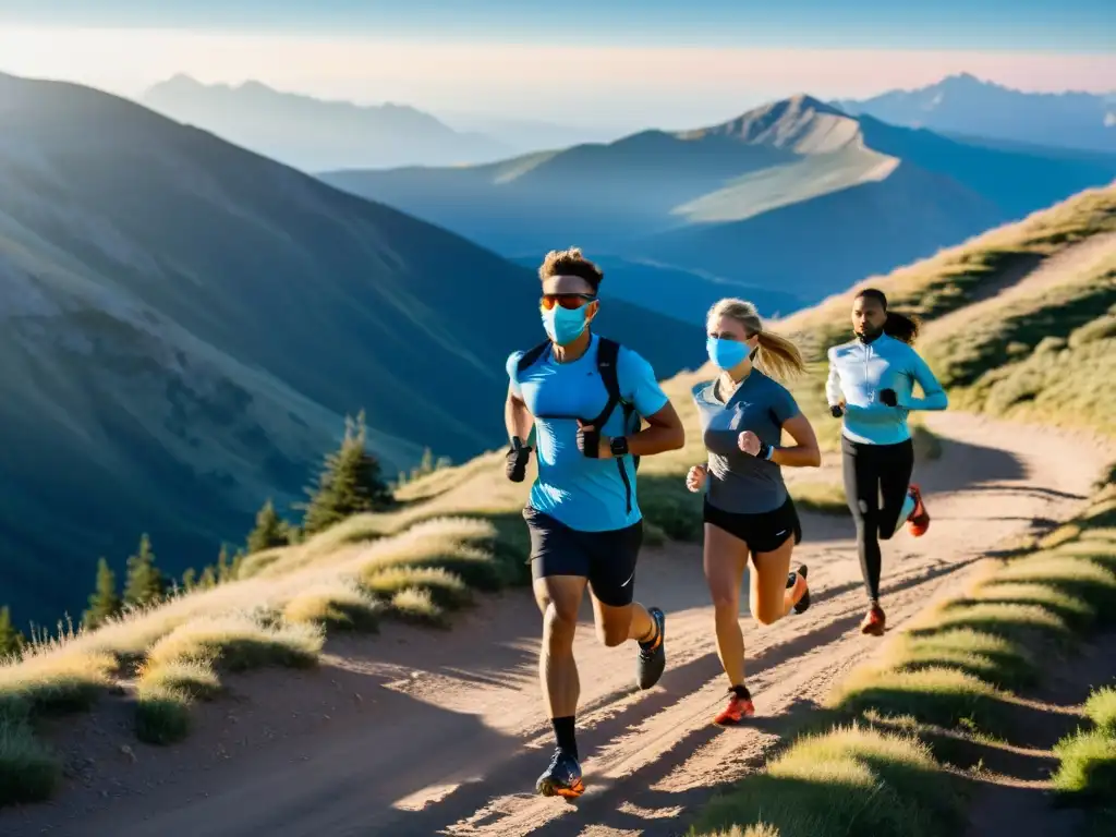 Grupo de atletas con máscaras de entrenamiento en altitudes, corriendo al atardecer en la montaña