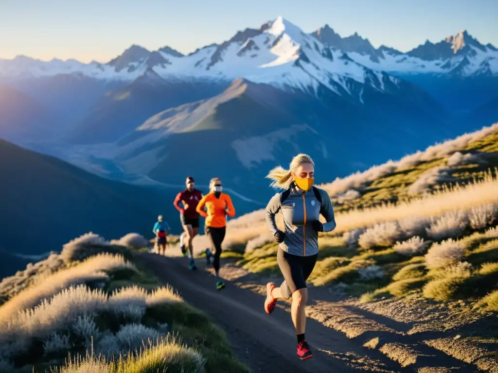 Grupo de atletas corriendo en la montaña al atardecer con máscaras de entrenamiento de altitud