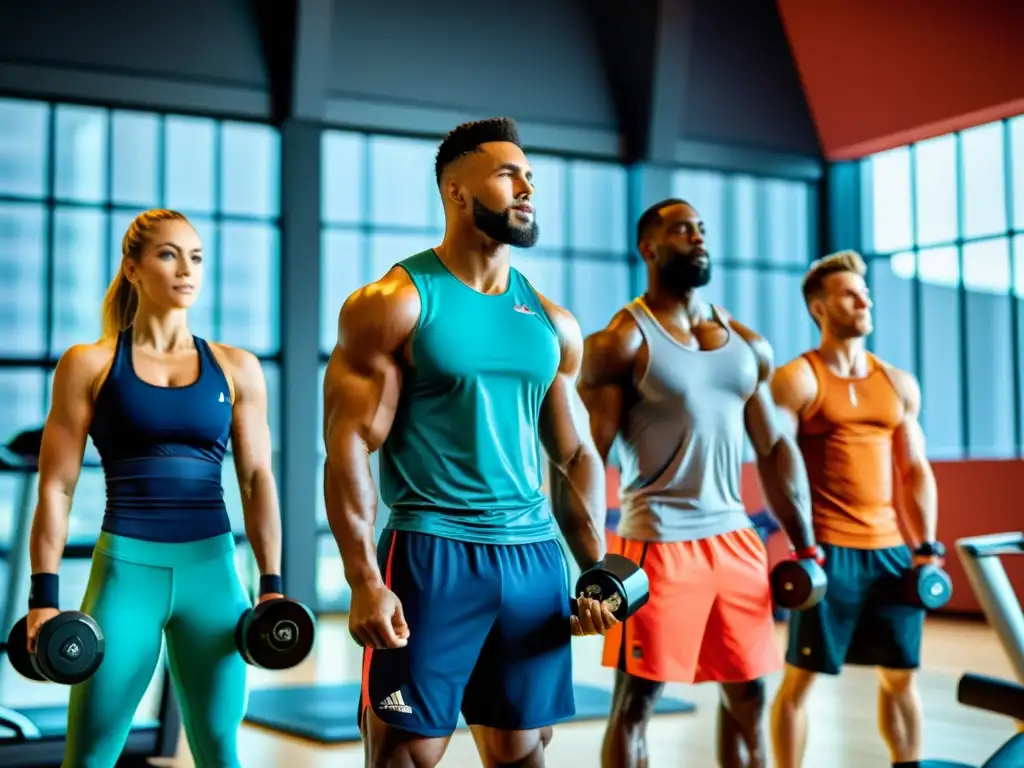 Grupo de atletas profesionales haciendo ejercicio en un moderno gimnasio, destacando la importancia de los seguros de salud para deportistas inmunidad