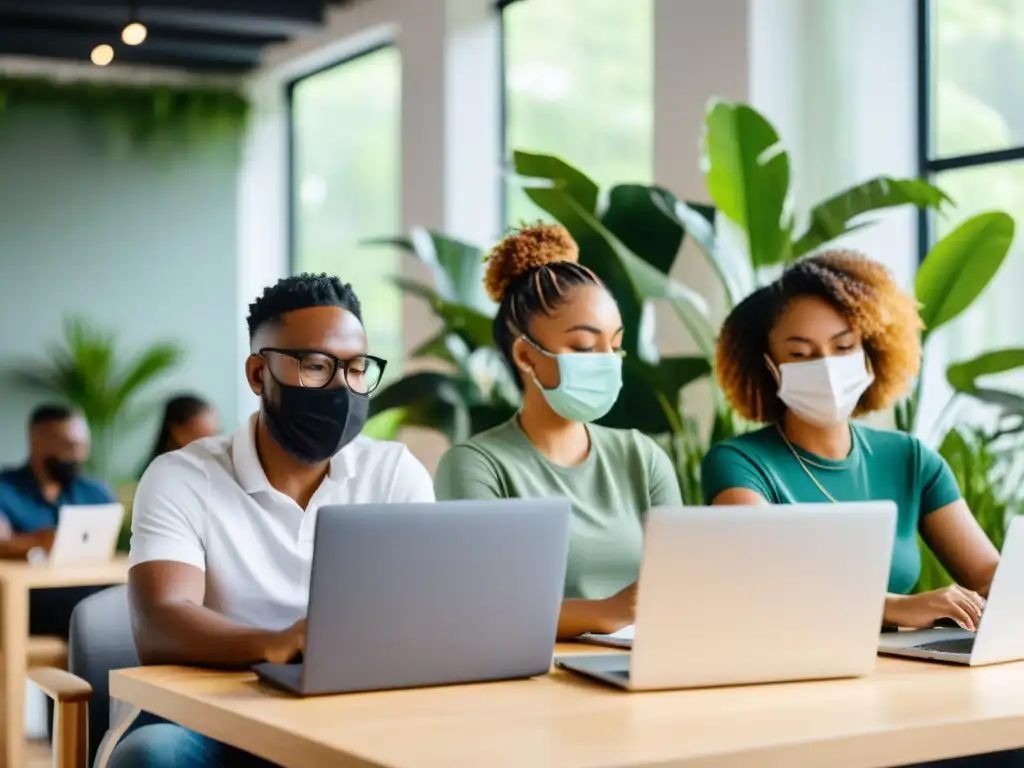 Grupo de autónomos concentrados trabajando en un espacio de coworking, priorizando su salud con mascarillas