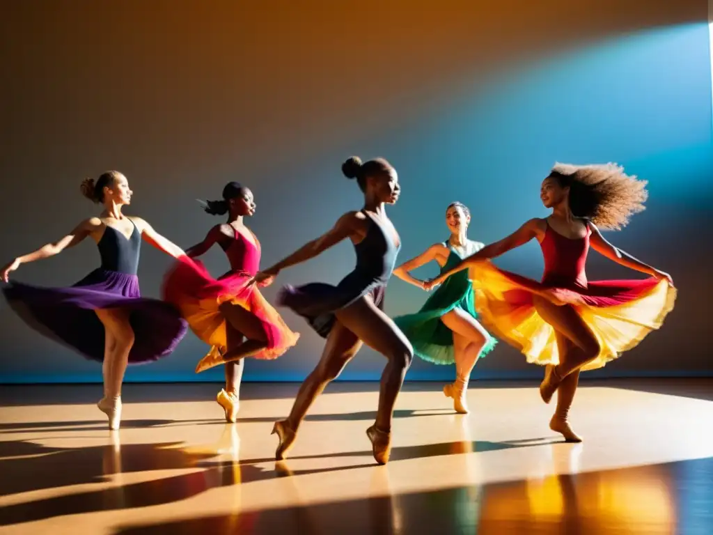 Grupo de bailarines diversos en movimiento armonioso, con luz cálida y sombras largas