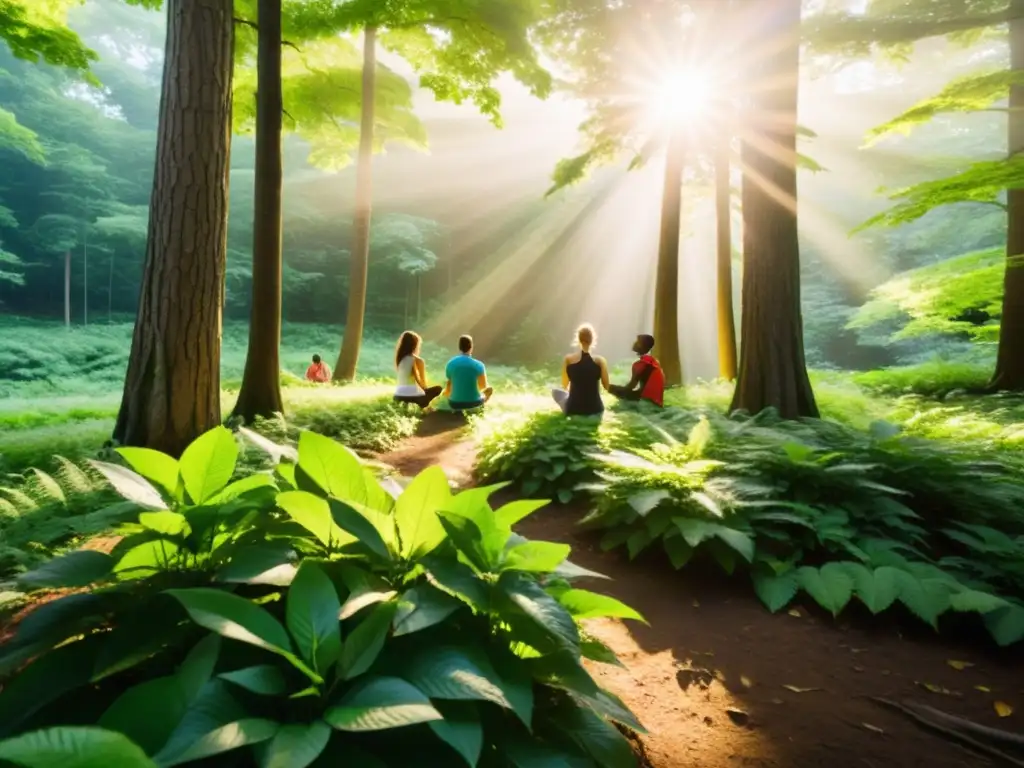 Grupo disfruta beneficios actividades al aire libre sistema inmune en bosque verde y sereno, practicando yoga, senderismo y ciclismo