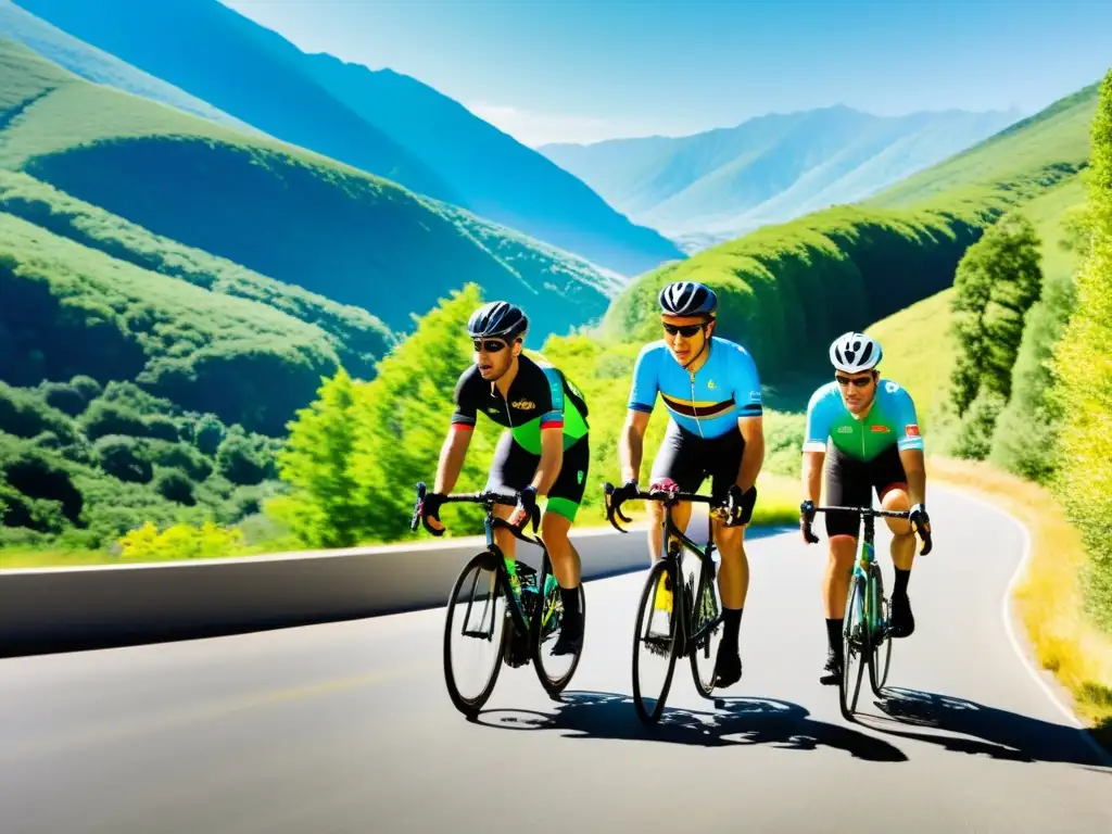 Un grupo de ciclistas en maillots de colores pedaleando en una carretera de montaña