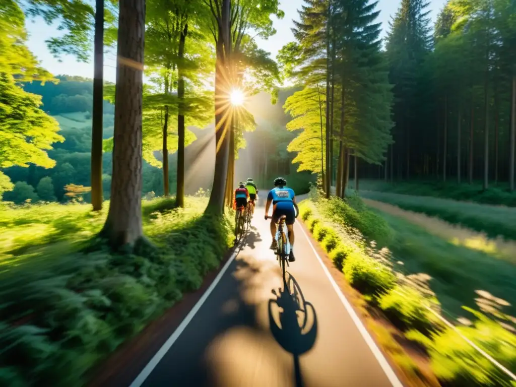 Un grupo de ciclistas se desplaza entre un exuberante bosque, bañado por la cálido sol