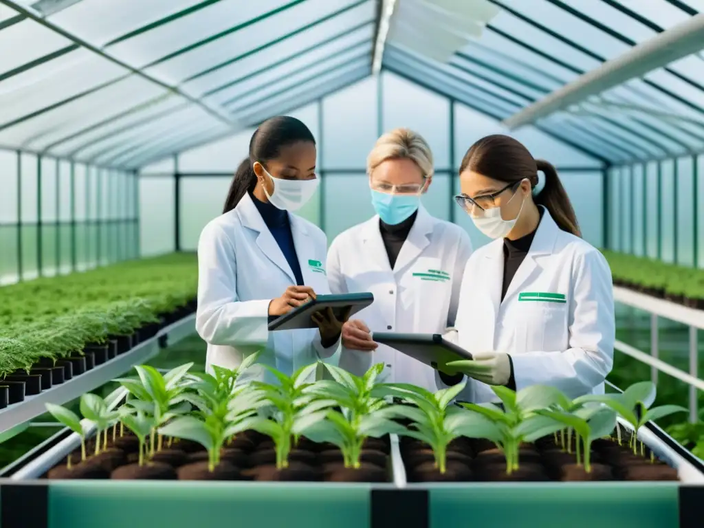 Un grupo de científicos en un invernadero futurista examinando plantas con tecnología avanzada