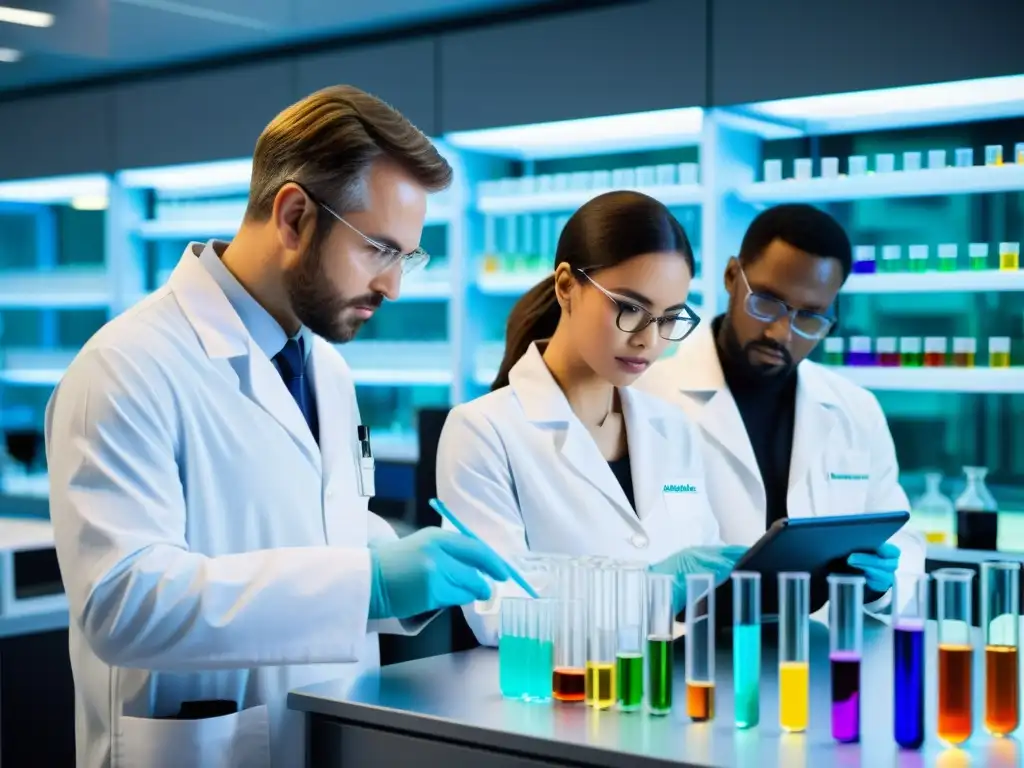 Experimento científico en laboratorio futurista Grupo de científicos en laboratorio moderno, analizando líquidos coloridos en tubos de ensayo