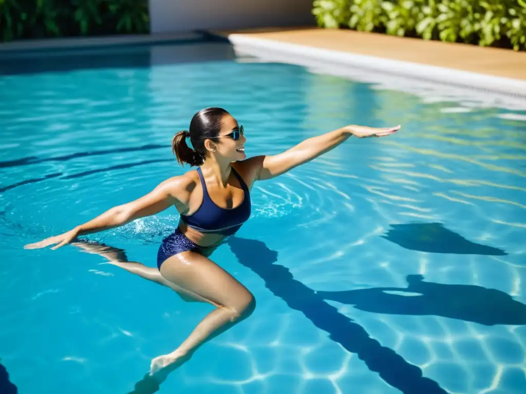 Un grupo disfruta de una clase de aeróbicos acuáticos en una piscina cristalina bajo el sol