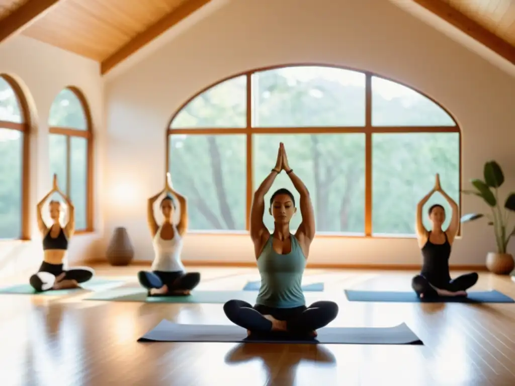 Un grupo concentrado practica asanas de torsión en un estudio iluminado, creando un ambiente sereno y saludable