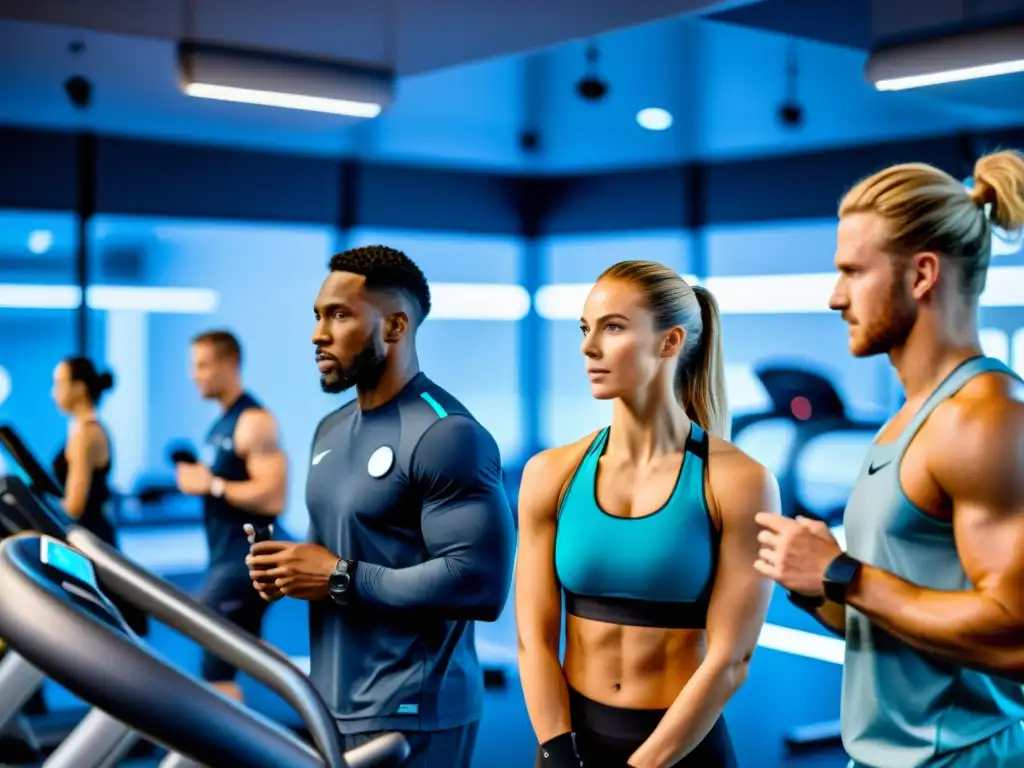 Grupo de deportistas profesionales en un gimnasio de última generación, recibiendo chequeos médicos y usando tecnología de entrenamiento avanzada