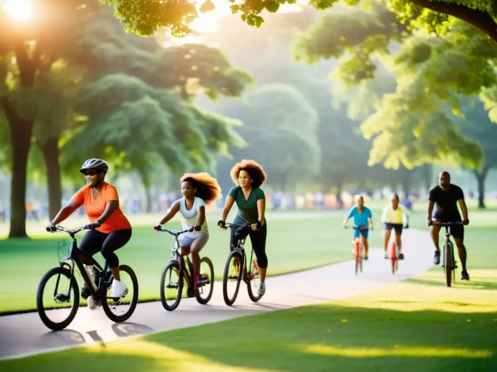 Grupo diverso disfruta de actividad física en un parque al atardecer, promoviendo la prevención del cáncer y fortaleciendo el sistema inmunológico