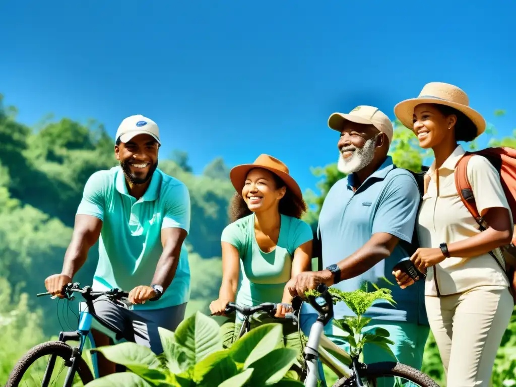 Grupo diverso disfruta actividades al aire libre, adaptándose al cambio climático