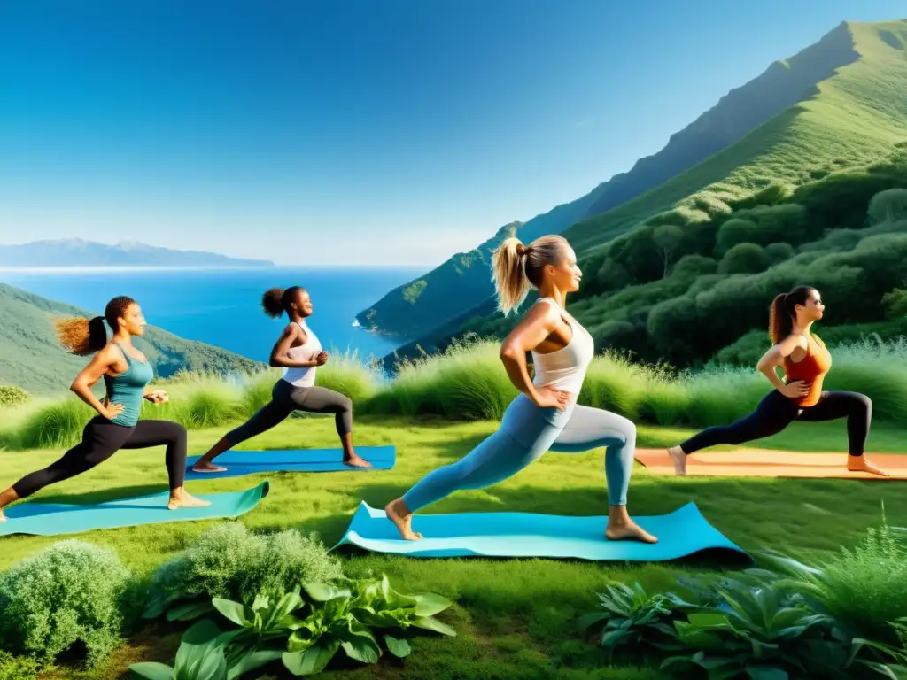 Grupo diverso disfruta de actividades al aire libre como yoga, carrera y senderismo en un entorno natural