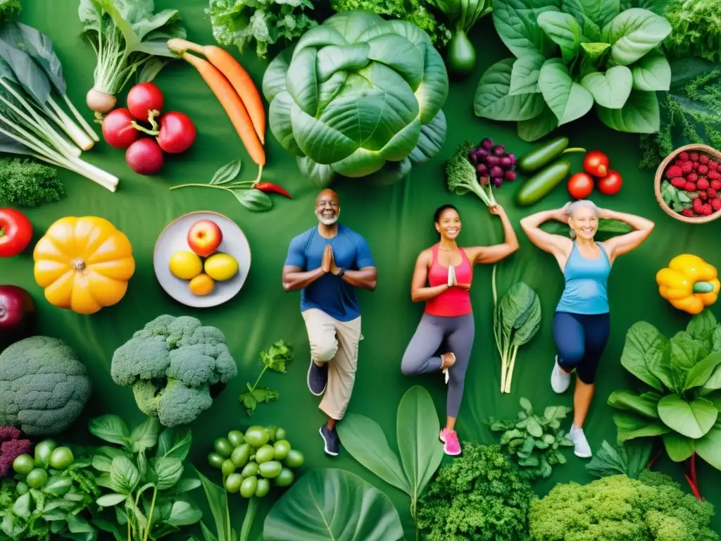 Un grupo diverso disfruta de actividades al aire libre rodeado de naturaleza exuberante y frutas y verduras coloridas, irradiando vitalidad y bienestar