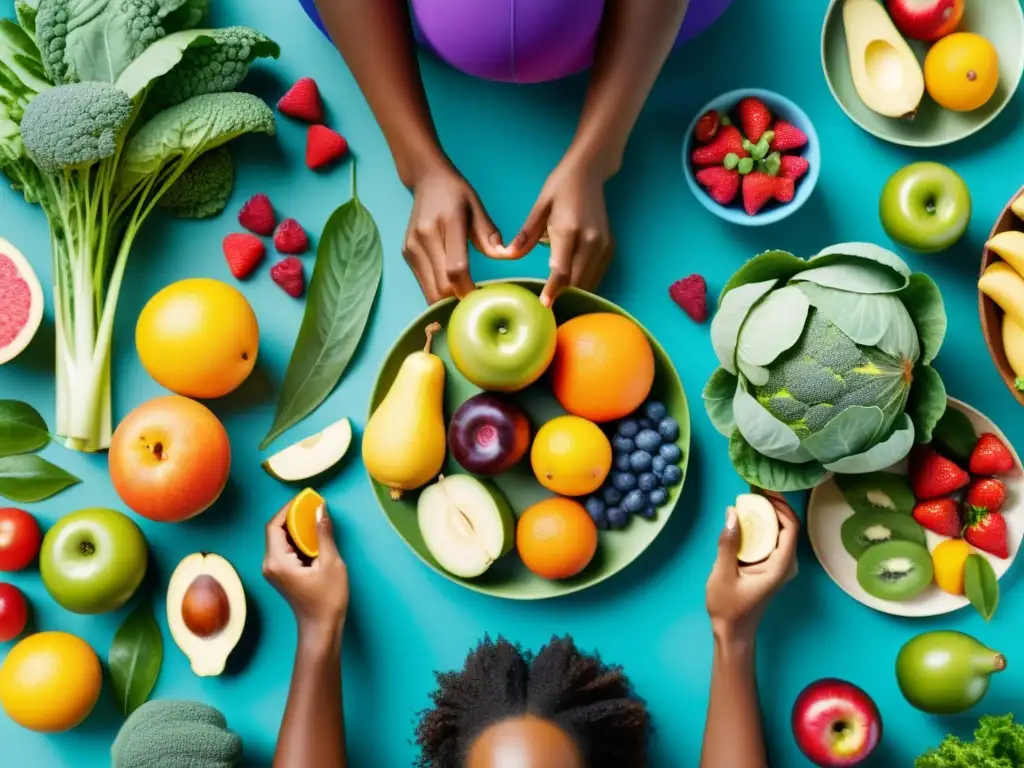 Un grupo diverso disfruta de actividades al aire libre, rodeado de frutas y suplementos nutricionales