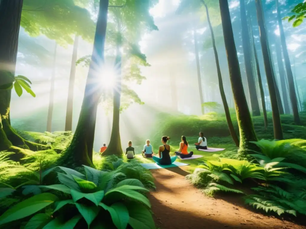 Grupo diverso disfruta de actividades al aire libre en un exuberante bosque verde, transmitiendo vitalidad y bienestar