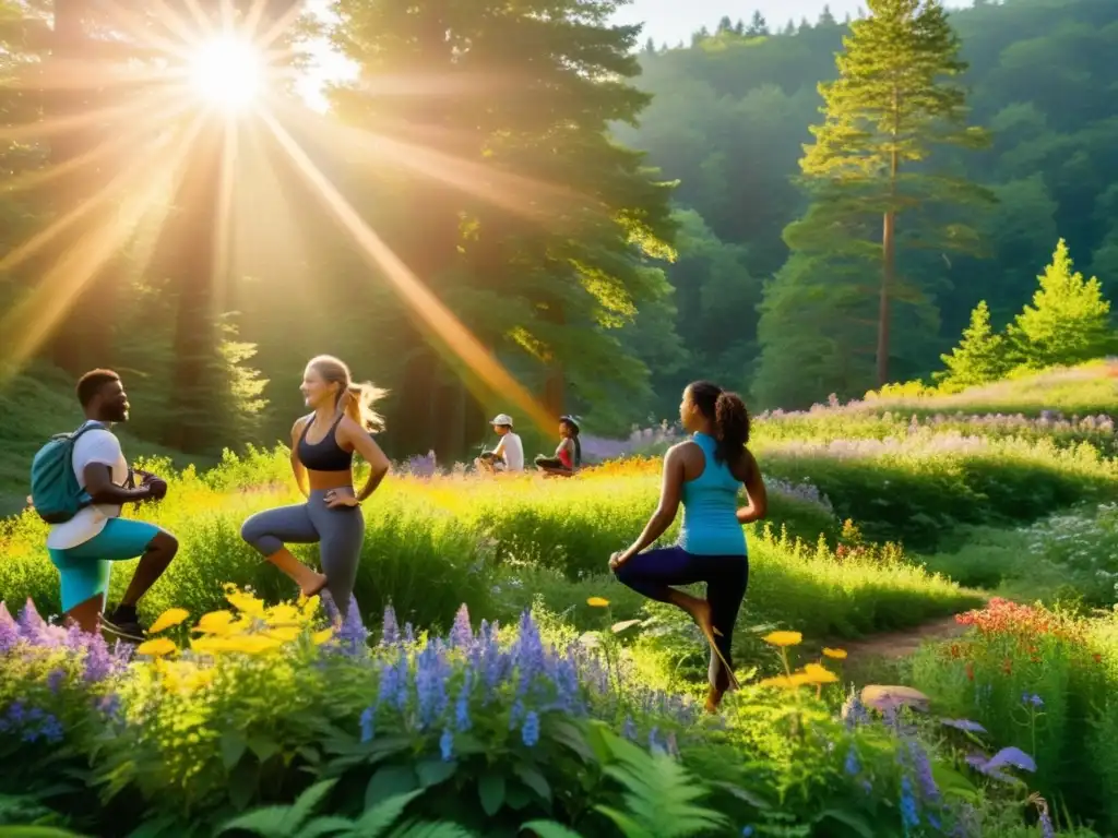 Grupo diverso disfruta de actividades al aire libre en un bosque exuberante