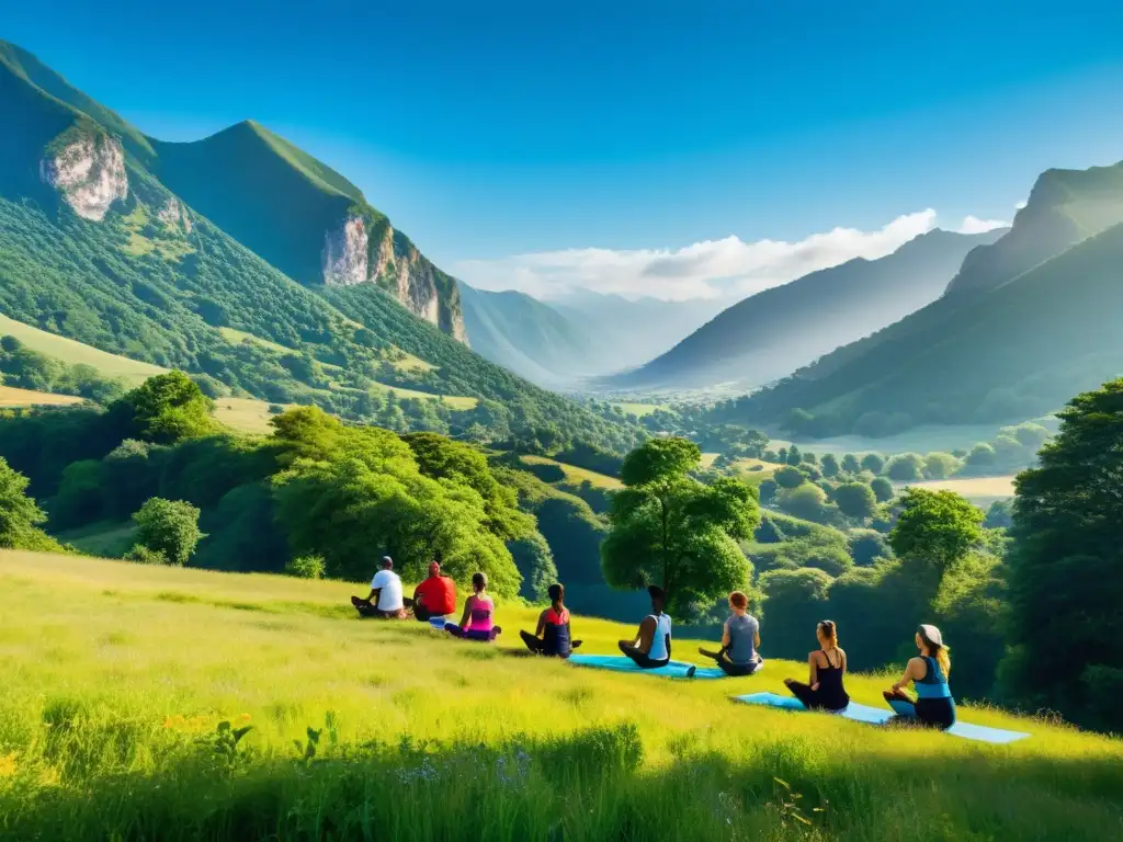 Grupo diverso participa en actividades al aire libre en un paisaje de montañas verdes y cielo azul