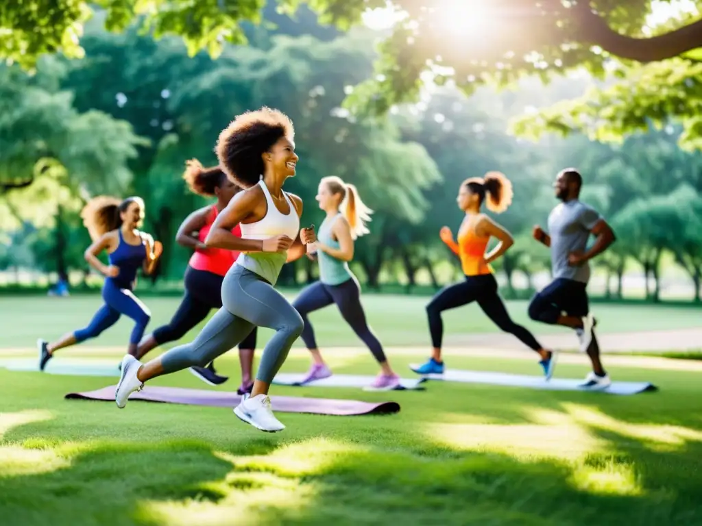 Un grupo diverso disfruta de actividades físicas al aire libre en un parque verde y soleado, reflejando la importancia de la actividad física en el sistema inmunológico