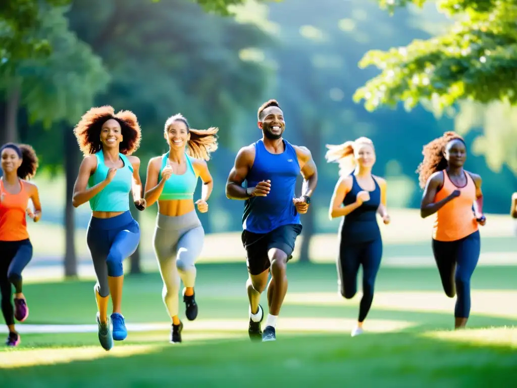 Grupo diverso disfruta actividades físicas para sistema inmunitario en parque soleado