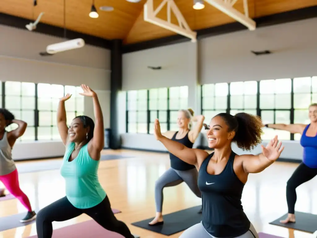 Grupo diverso disfruta actividades físicas para sistema inmunitario en gimnasio luminoso y espacioso, con equipamiento moderno y atmósfera positiva