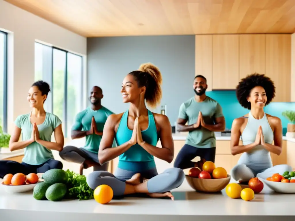 Un grupo diverso se une en actividades saludables como yoga, running y cocina en una cocina moderna y luminosa