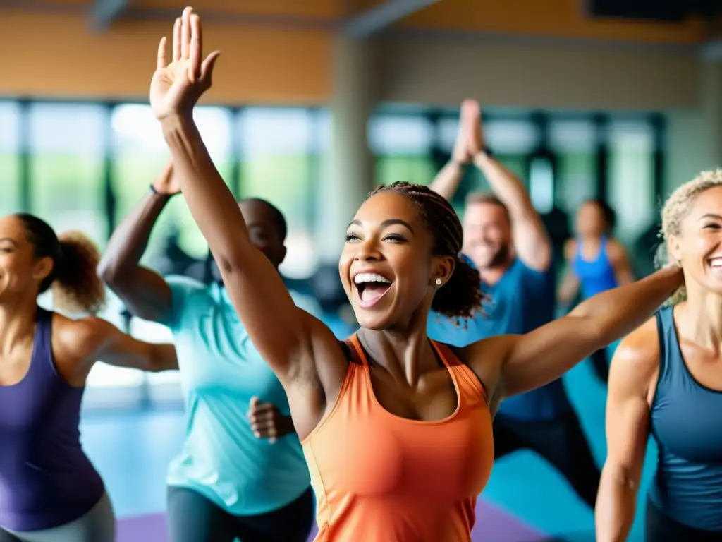 Un grupo diverso de adultos disfruta de actividades físicas en un gimnasio moderno, irradiando vitalidad y alegría