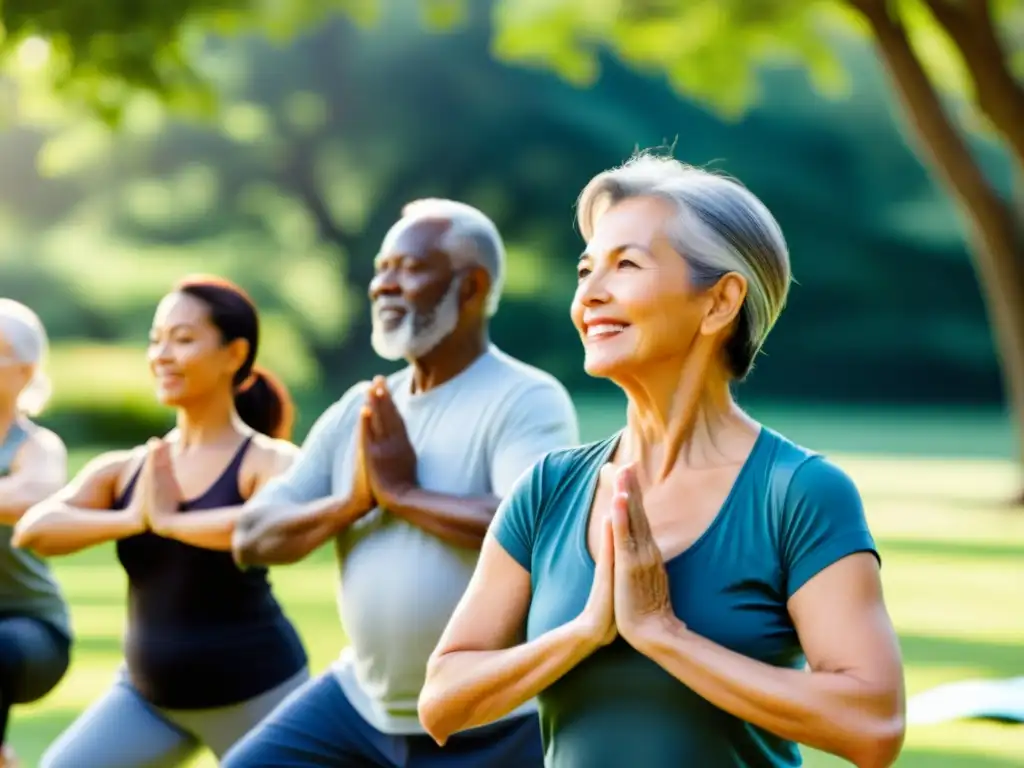 Grupo diverso de adultos mayores practicando yoga o tai chi en un parque sereno, transmitiendo vitalidad y bienestar holístico