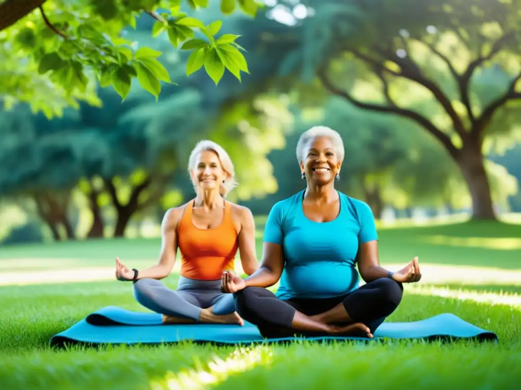 Un grupo diverso de adultos mayores de 50 años disfruta de actividades al aire libre como senderismo, ciclismo y yoga en un parque verde y exuberante