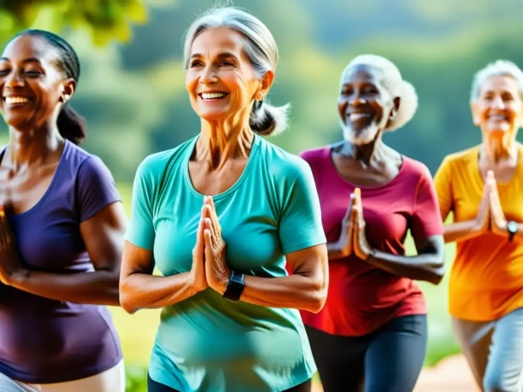 Un grupo diverso de adultos mayores disfrutando de actividades saludables y felices, como caminar, cocinar y practicar yoga