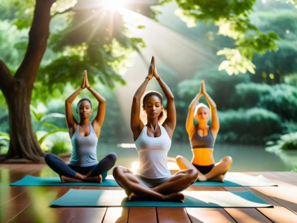 Un grupo diverso practica yoga al aire libre en un entorno natural sereno, reflejando equilibrio y calma interior